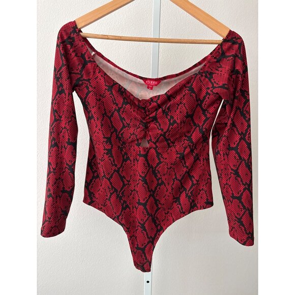 Guess Bodysuit M Red Snake-Print Deep V Sweetheart Neckline Cutout Y2K Clubwear - Picture 3 of 16
